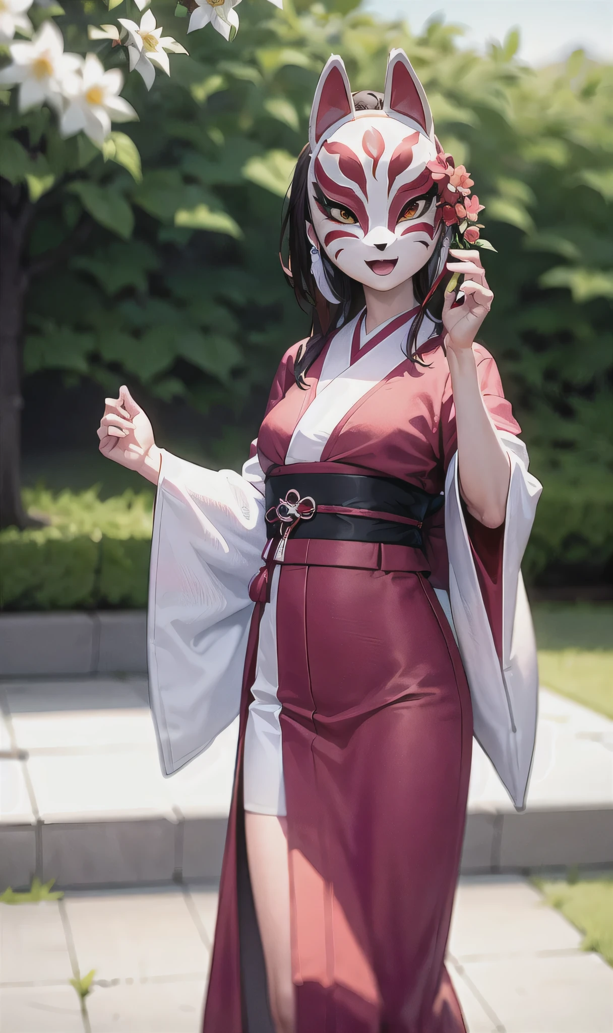 (Fox mask A person wearing a fox mask on their face), Light brown hair,Braiding,Wearing a white kimono decorated with cherry blossoms, (White mini skirt),beautiful flower々In the garden where flowers bloom, Long Hair, Dancing