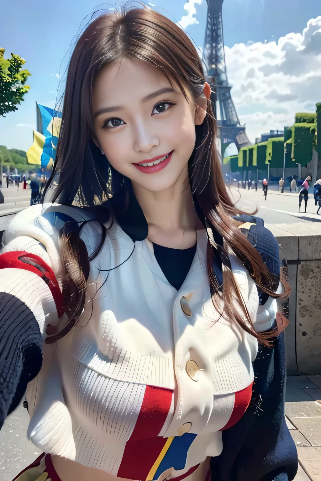 (((Costume inspired by the Ukrainian flag:1.3))),(),(((smile:1.3))),(((Women supporting the Paris Olympics:1.3))),(((International flags on the streets of Paris))),(((Eiffel Tower in the background))),(((The Seine in the background))),masterpiece,Highest quality,Ultra-high resolution output images,Write Boundary Depth,Intricate details,Add depth to your subject with contrast between light and shadow,Anatomically correct facial structure),(Picture Mode Ultra HD,)