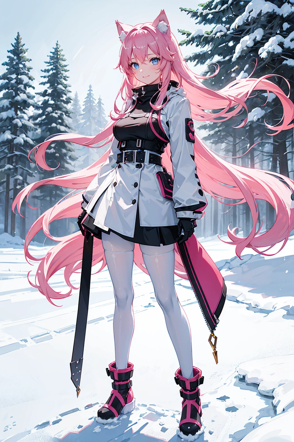 wolf girl, pink hair, light blue eyes, short fluffy boots, toes must be showing, full body, long wavy hair, gentle smile, medium breasts, black see through pantyhose, adventurer white leather jacket, short-medium length skirt, standing up normally in a snowy field