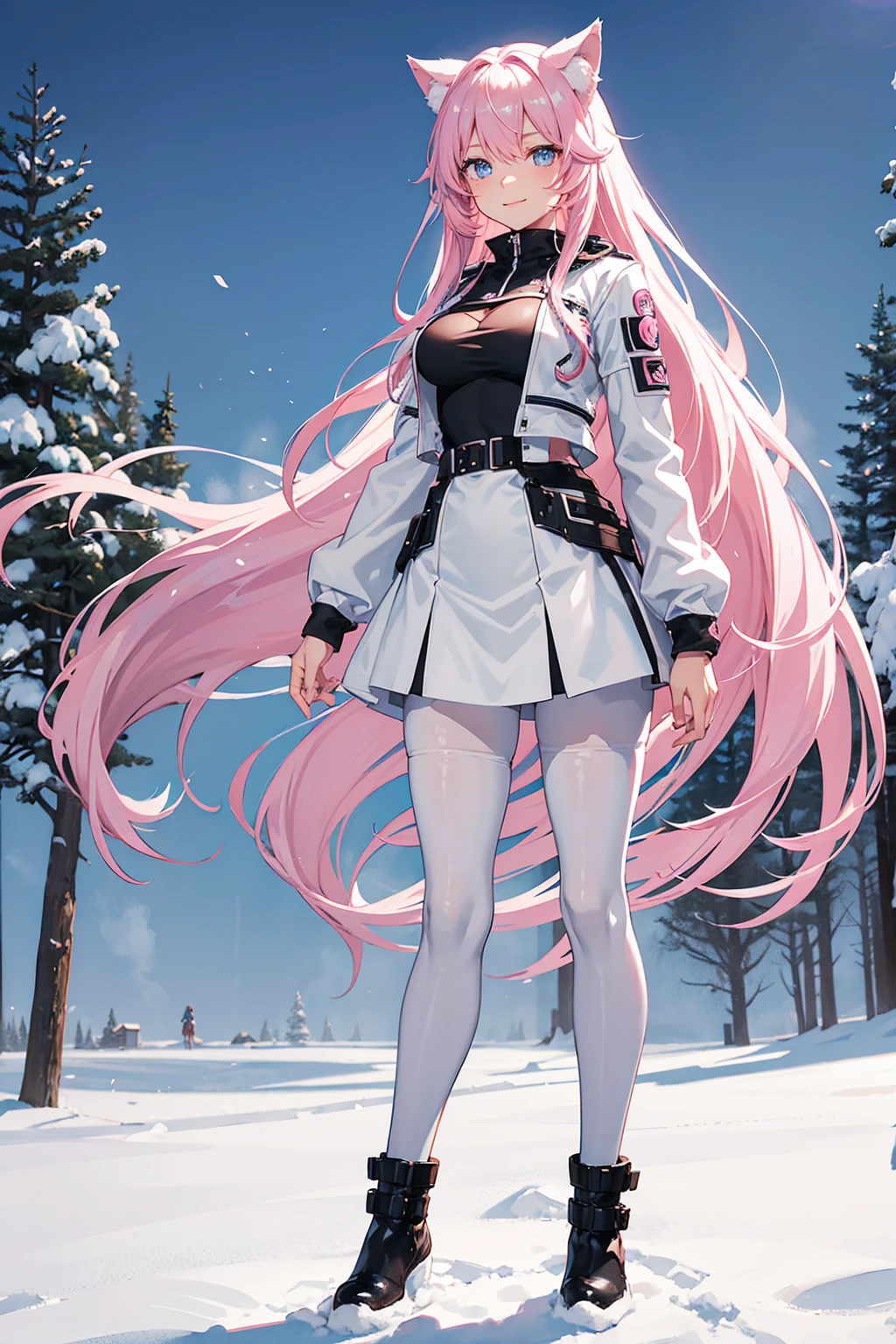 wolf girl, pink hair, light blue eyes, short fluffy boots, toes must be showing, full body, long wavy hair, gentle smile, medium breasts, black see through pantyhose, adventurer white leather jacket, short-medium length skirt, standing up normally in a snowy field