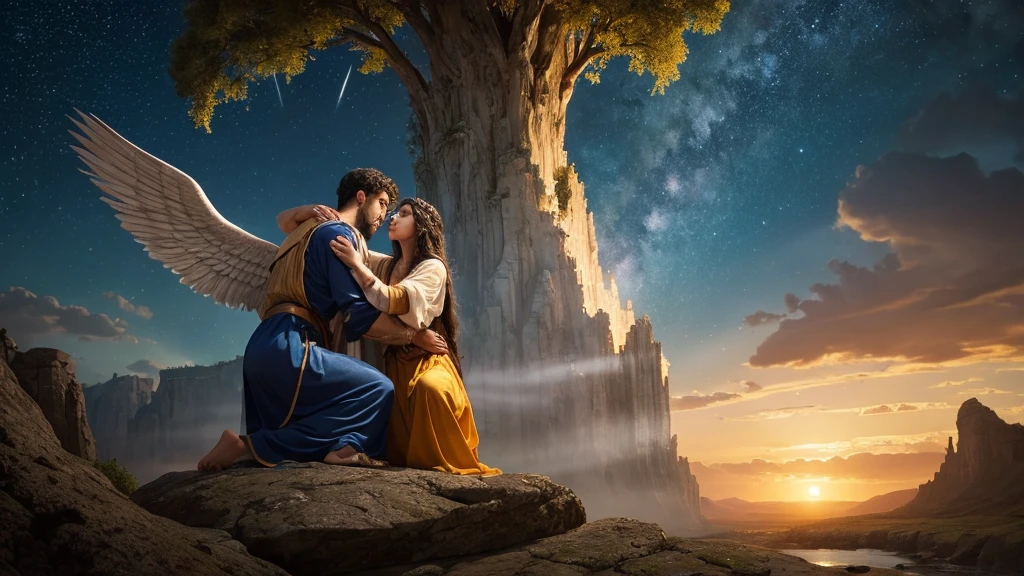 Create a detailed image that captures the essence of Jacob's biblical story, a fundamental character in the Bible. At the center, depict Jacob wrestling with an angel in a nighttime scene, symbolizing his spiritual struggle and transformation. Jacob should have an expression of determination and intensity as he grapples with the angel. In the background, show a starry sky and the Jabbok River, creating a dramatic setting. On the right side, include a depiction of Jacob's emotional reunion with his brother Esau, with both embracing in a gesture of reconciliation. At the bottom, represent the scene of Jacob dreaming of a ladder reaching to heaven, with angels ascending and descending, symbolizing the divine connection and God's promise to Jacob. The image should convey a sense of spirituality, transformation, and redemption. Use rich and contrasting colors to emphasize the drama and emotional depth of the story.