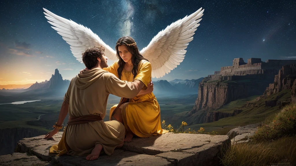 biblical history: man with angel wings talking to a woman, at night a small village called Nazaré,
