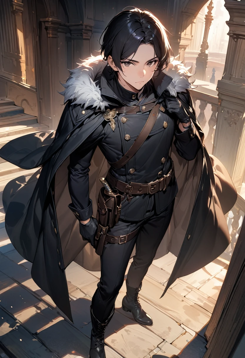 (masterpiece),(best quality),(ultra-detailed),(best illustration),(best shadow),(absurdres),(detailed background),(very aesthetic), ((1Male)), solo, male-focus, boots, black-hair, fur-trim, looking-at-viewer, standing, sheath, gloves, pants, jacket-on-shoulders, sheathed, black-footwear, belt, black-pants, black-gloves, jacket, cape, closed-mouth, knife, coat-on-shoulders, coat, stairs, cup, thigh-boots, black-cape, dagger, leather, black-eyes, holster, long-sleeves, indoors, short-hair, thigh-strap, cross-laced-footwear, scabbard, ((no-bangs))