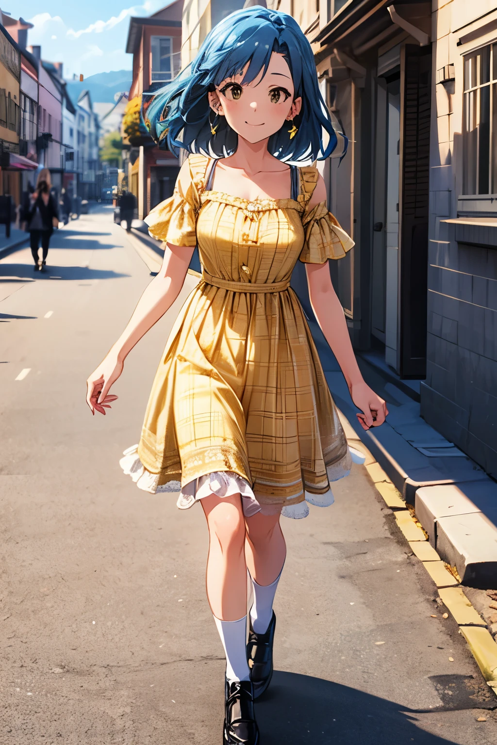 yuriko nanao (million live), 1 girl, Solo, Best Quality, masterpiece, 8K, High resolution, Ultra-detailed, madeon, smile, have fun, yellow dress, plaid dress, white socks, frilled socks, black footwear, walking down on the street, European town,