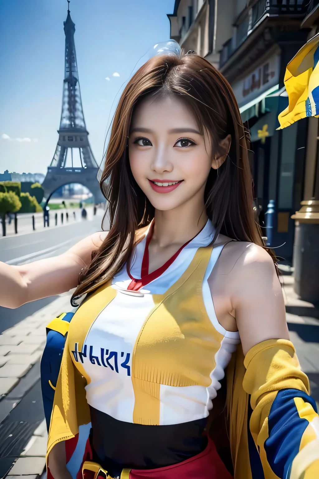 (((Costume inspired by the Ukrainian flag:1.3))),(),(((smile:1.3))),(((Women supporting the Paris Olympics:1.3))),(((International flags on the streets of Paris))),(((Eiffel Tower in the background))),(((The Seine in the background))),masterpiece,Highest quality,Ultra-high resolution output images,Write Boundary Depth,Intricate details,Add depth to your subject with contrast between light and shadow,Anatomically correct facial structure),(Picture Mode Ultra HD,)