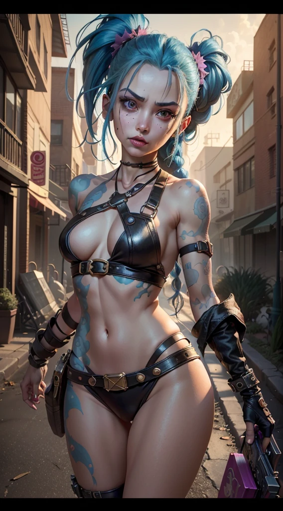 ((Best quality)), ((masterpiece)), (highly detailed:1.3), 3D, arcane style,In the dark and gritty dystopian city Piltover, plagued by violence and divided into two opposing factions, a young prodigy named Jinx emerges. Having endured unimaginable loss and abandonment, she has embraced a life of chaos and destruction. Known for her inventive and explosive abilities, Jinx becomes an icon of rebellion against the oppressive forces controlling the city. However, haunted by guilt and battling inner demons, she must confront her past and decide whether to continue down the path of anarchy or seek redemption amidst the turmoil. Explore the journey of Jinx as she navigates a treacherous world, fighting for survival, unraveling secrets, and discovering the true meaning of her twisted existencechaos reigns supreme, and at the heart of it all is Jinx, the embodiment of unpredictability. Delve deep into the twisted mind of Jinx, exploring the origins of her madness and the driving force behind her destructive nature. Unveil the moments that shaped her into the deranged and iconic character we know. Take us on a wild journey through the vibrant streets of Piltover and the grim underbelly of Zaun as Jinx wreaks havoc with her explosive arsenal. Can redemption ever find its way into Jinx's fractured soul? Or will she forever dance on the edge of sanity, embracing the chaos that fuels her very existence? The fate of Arcane hangs in the balance as Jinx's path intertwines with unlikely allies and formidable foes. Ignite your imagination and paint a vivid portrait of Jinx's twisted psyche, capturing the essence of her madness and the untamed spirit that defines her,HDR (High Dynamic Range),Ray Tracing,NVIDIA RTX,Super-Resolution,Unreal 5,Subsurface scattering,PBR Texturing,Post-processing,Anisotropic Filtering,Depth-of-field,Maximum clarity and sharpness,Multi-layered textures,Albedo and Specular maps,Surface shading,Accurate simulation of light-material interaction,Perfect proportion