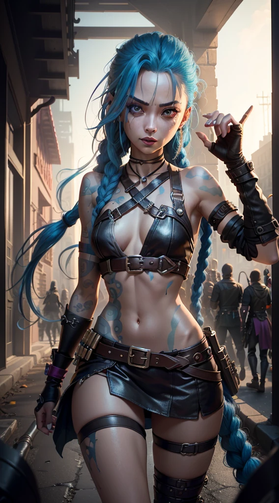 ((Best quality)), ((masterpiece)), (highly detailed:1.3), 3D, arcane style,In the dark and gritty dystopian city Piltover, plagued by violence and divided into two opposing factions, a young prodigy named Jinx emerges. Having endured unimaginable loss and abandonment, she has embraced a life of chaos and destruction. Known for her inventive and explosive abilities, Jinx becomes an icon of rebellion against the oppressive forces controlling the city. However, haunted by guilt and battling inner demons, she must confront her past and decide whether to continue down the path of anarchy or seek redemption amidst the turmoil. Explore the journey of Jinx as she navigates a treacherous world, fighting for survival, unraveling secrets, and discovering the true meaning of her twisted existencechaos reigns supreme, and at the heart of it all is Jinx, the embodiment of unpredictability. Delve deep into the twisted mind of Jinx, exploring the origins of her madness and the driving force behind her destructive nature. Unveil the moments that shaped her into the deranged and iconic character we know. Take us on a wild journey through the vibrant streets of Piltover and the grim underbelly of Zaun as Jinx wreaks havoc with her explosive arsenal. Can redemption ever find its way into Jinx's fractured soul? Or will she forever dance on the edge of sanity, embracing the chaos that fuels her very existence? The fate of Arcane hangs in the balance as Jinx's path intertwines with unlikely allies and formidable foes. Ignite your imagination and paint a vivid portrait of Jinx's twisted psyche, capturing the essence of her madness and the untamed spirit that defines her,HDR (High Dynamic Range),Ray Tracing,NVIDIA RTX,Super-Resolution,Unreal 5,Subsurface scattering,PBR Texturing,Post-processing,Anisotropic Filtering,Depth-of-field,Maximum clarity and sharpness,Multi-layered textures,Albedo and Specular maps,Surface shading,Accurate simulation of light-material interaction,Perfect proportion