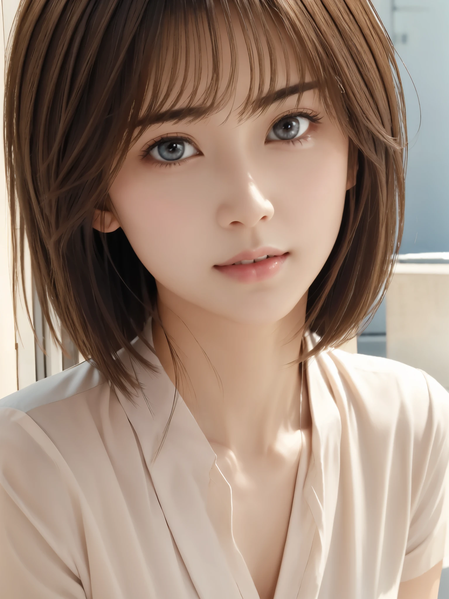 Photorealistic、Highest quality、High resolution、RAW Photos、Realistic、Bright lighting、Face Light、Smooth Professional Lighting、alone、Japanese women、Adult female、Mature Woman、Beautiful woman、so beautiful、Realistic skin、Realistic face、Beautiful Eyes、Big eyes、Brown eyes、Inconspicuous tear bags、slim、Medium sized big breasts、short hair、Brunette Hair、looking at the camera、fun、Happy、White shirt