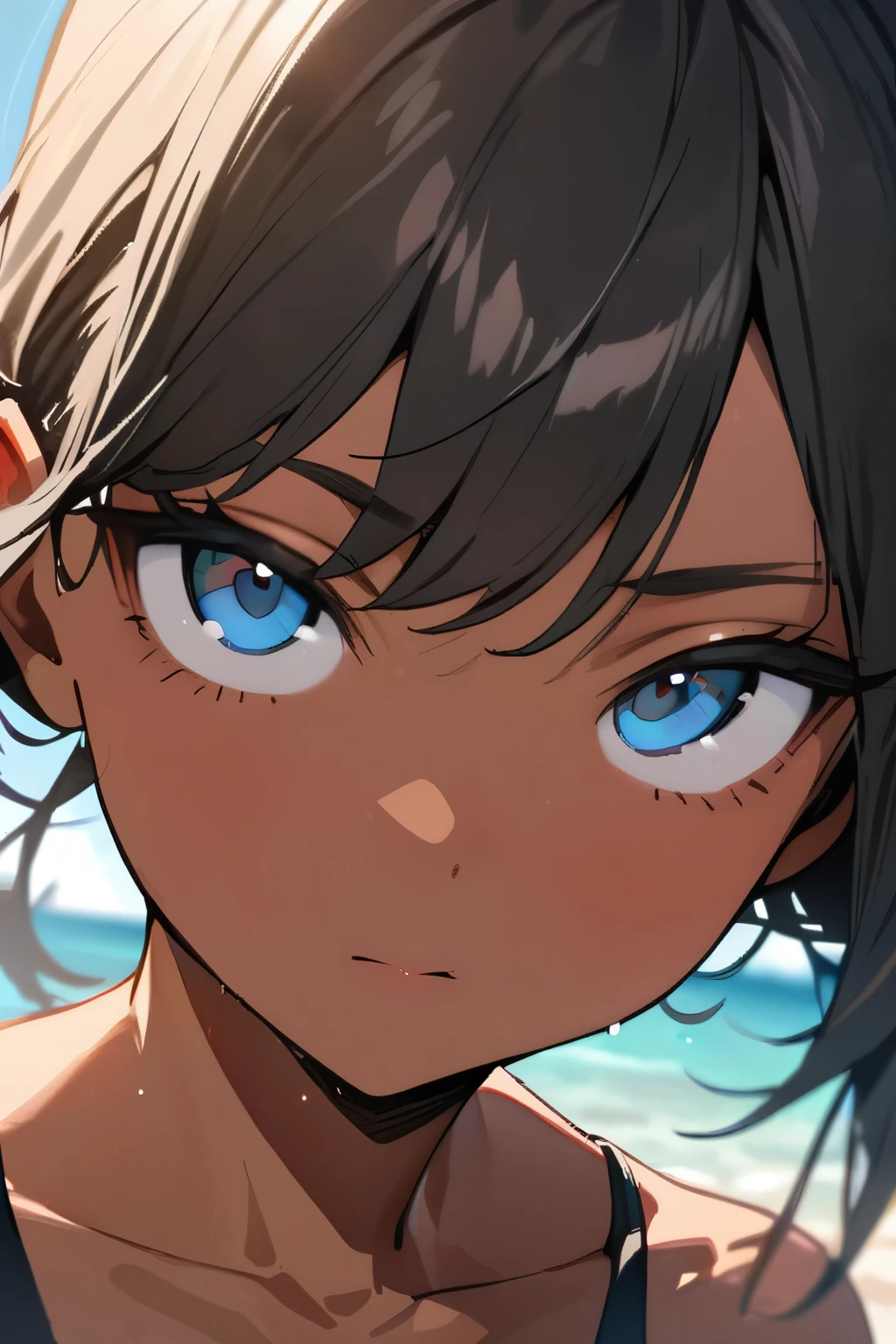 Masterpiece, Best Quality, Close-up of face, Beautiful girl, Beautiful face, Dark skin, Swimsuit, Beautiful eyes,