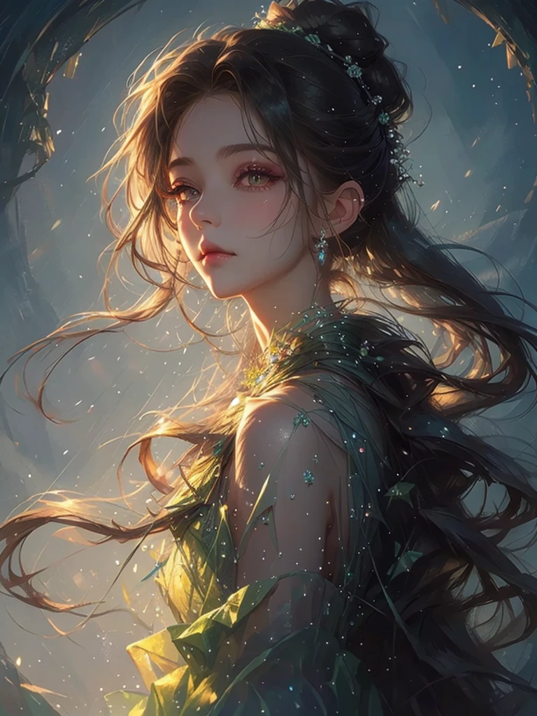 High quality, high resolution, one beautiful girl, blue long hair up, fantastic flower field, moonlit night, black dress, fantasy art, Korean glitter eye makeup, very delicate makeup, sparkling flowing hair