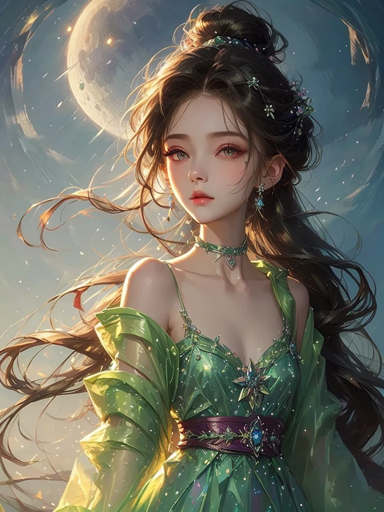 High quality, high resolution, one beautiful girl, blue long hair up, fantastic flower field, moonlit night, black dress, fantasy art, Korean glitter eye makeup, very delicate makeup, sparkling flowing hair