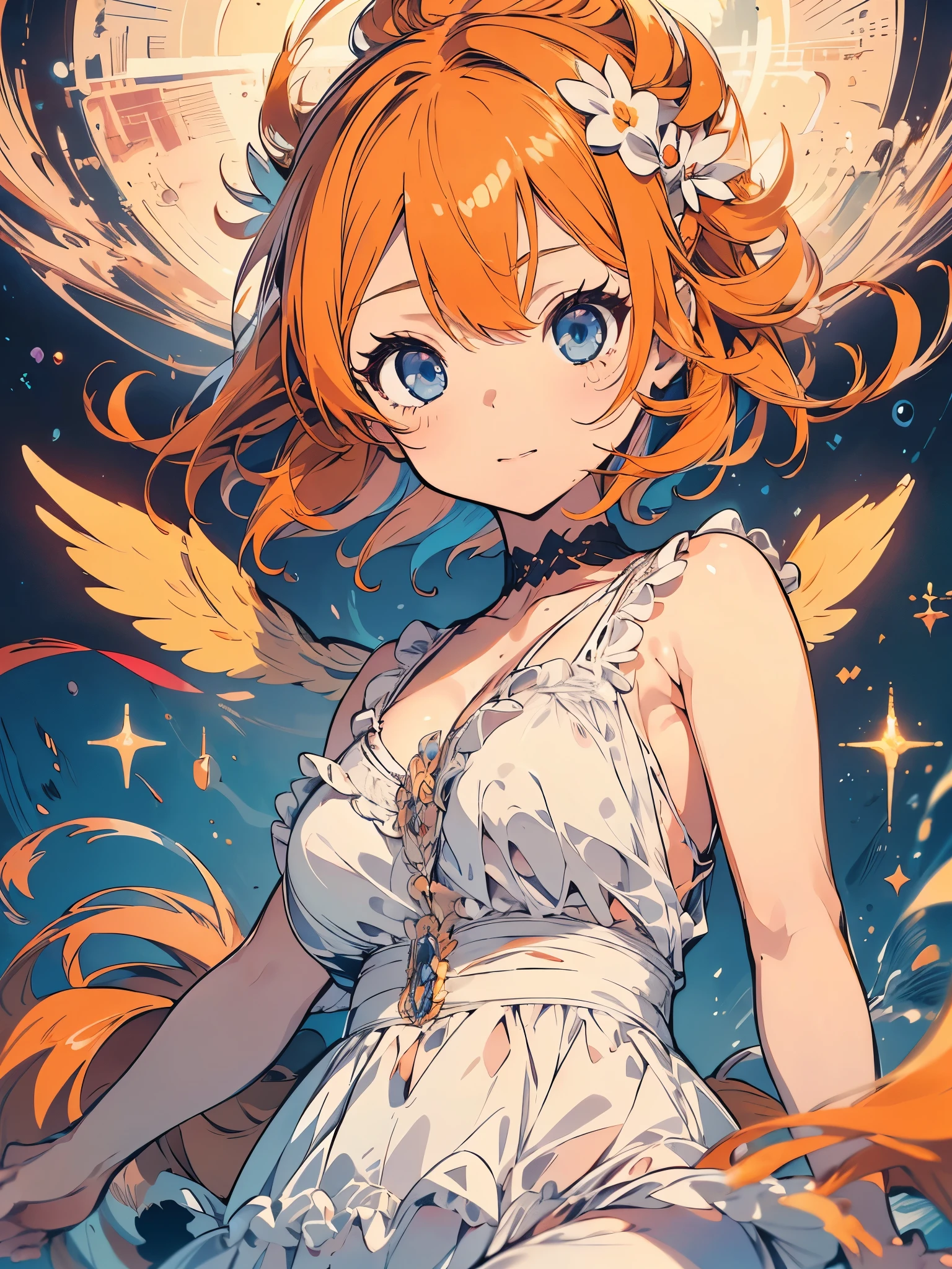 Golden-winged angel wearing a negligee( Girl:1.5)(Small body) (Orange Hair:1.5)(eyelash:1.2) (Mid-length hair:1.4), (Blue eyes)(Big Breasts:1.3)High Contrast