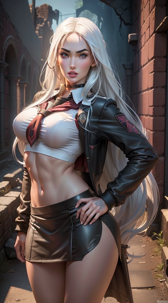 redhoodx, very long hair, red scarf, (large breasts:0.8), grin, , facing viewer, (anime:0.5) , mansion, navel, maid,