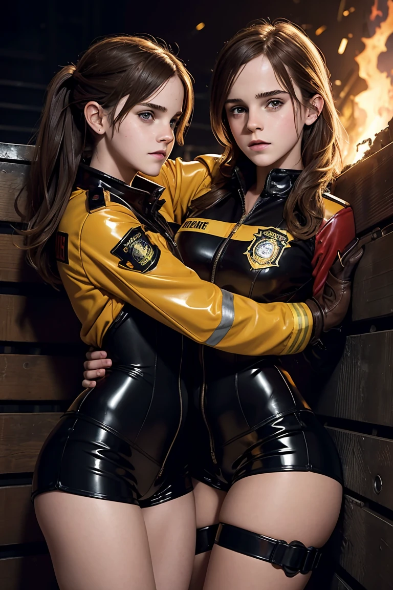teen emma watson as two sexy firefighter girls sitting on a fence. tight intricate uniform. brown latex shorts. slender body. hugging each other. open legs. inside dark metal factory. dark background, furnace. goggles. hugging.
