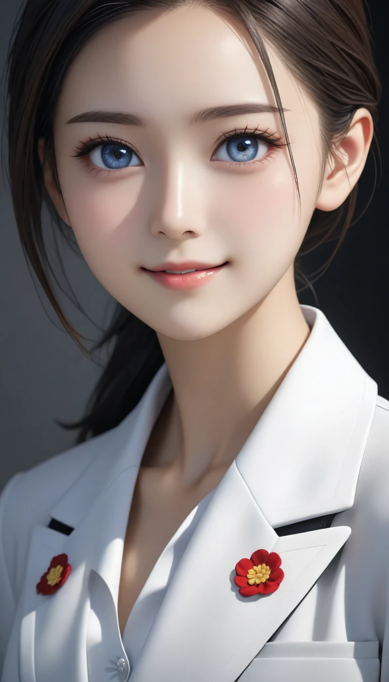 8k, Ultra-high resolution, Highest quality, masterpiece, 三分割法によるphotograph,Surreal, photograph, 1 girl, (16 years old:1.3), pretty girl, Cute Face, Beautiful eyes in every detail, 細かくdetailedに,masterpiece,One Girl:1.2, Japan Female Announcer,Tabletop,Glare,Black Hair,Slicked back hair,Blazer Uniform,White collared blouse,The chest buttons are open,Sharp focus、Perfect dynamic composition、Beautiful and detailed、Thin Hair、Realistic skin texture with attention to detail、smile、Close-up portrait、Model body type,Looking at the audience、beauty,Long neck、(((Ideal body type))),A-cup small breasts :2,、Portraiture:2、Perfect ???????、なdetailed、detailed、Surreal、Light and shadow,Strong light