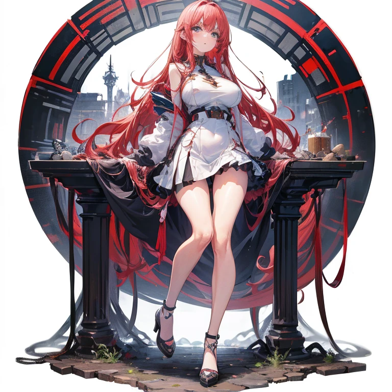 Anime Kawaii sexy Perfect Slim sensual body large breast and huge thighs, An intricate and highly detailed illustration of anime (Young girl). (work of art, Maximum quality, best qualityer, offcial art, beautiful and aesthetic:1.0), (8k, best qualityer, work of art:1.2), pretty long hair,(whole body:1.3), (breasts big:1.4), pretty long hair, high-heels, black thighighs, micro skirt, Red hair, tall girl, tupolev tu-22 bomber