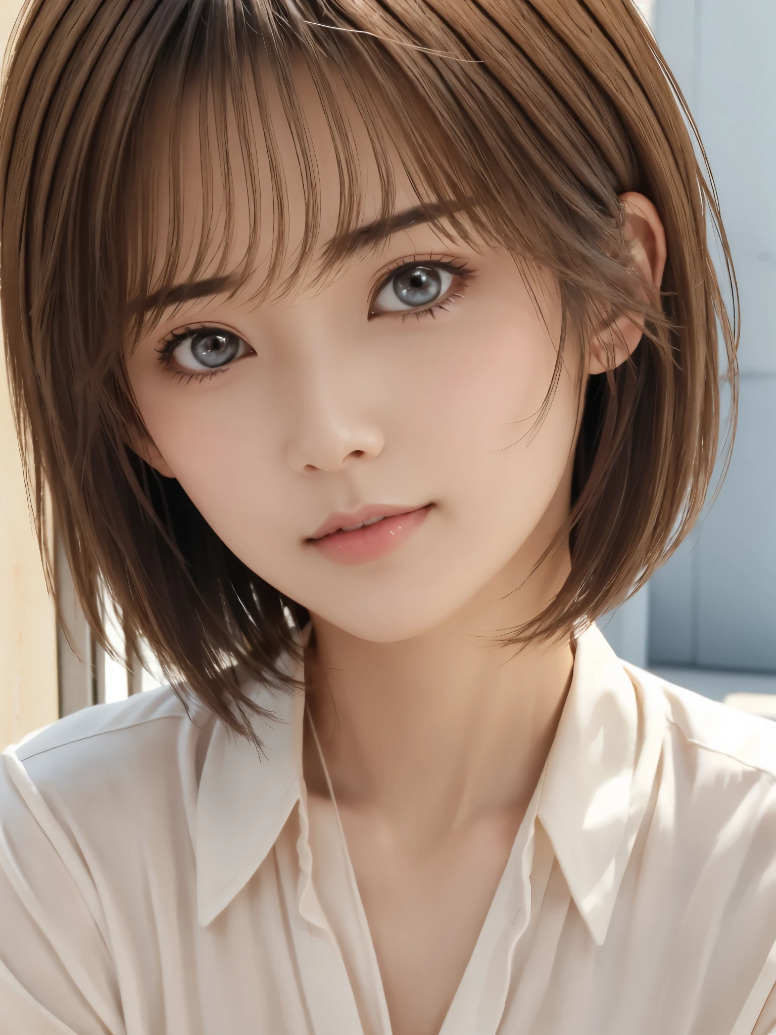 Photorealistic、Highest quality、High resolution、RAW Photos、Realistic、Bright lighting、Face Light、Smooth Professional Lighting、alone、Japanese women、Adult female、Mature Woman、Beautiful woman、so beautiful、Realistic skin、Realistic face、Beautiful Eyes、Big eyes、Brown eyes、Inconspicuous tear bags、slim、Medium sized big breasts、short hair、Brunette Hair、looking at the camera、fun、Happy、White shirt