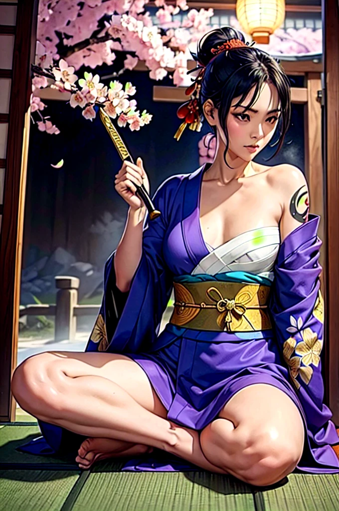 ((roll up bandage sideways on a chest tightly to cover the chest without gaps)), bandage samweways, the bantage is no chest shape, flat chest, ((Japanese Gangster BOSS)), adult woman with the dignified presence, Killing Qi, wear nothing around shoulder, wear nothing around neck, wear the kimono, wear it below the waist, (I wind it up to control it, and to attach it), ((kimono come off)) ,wear the kimono multiple times, Bare shoulders and the clavicle, black and gold kimono, put on over jacket of kimono, (holding a japanese sword which shine in purple, The handole of the sword is black, and the blade is gray, long sword), eye fire, low angle, whole body, bandage is seen, anime character, Glaring, off sholder, nappropriate smile, Excellent, black blue hair, can see both shoulder, ((long kimono hem)), small face, ((some cherry blossam big tattoo on the arm)),((Sit with your legs folded)), ((background Japanese gate with circlr mark)),Muscular,drink sake,fullmoon in the sky, The kimono is spreading