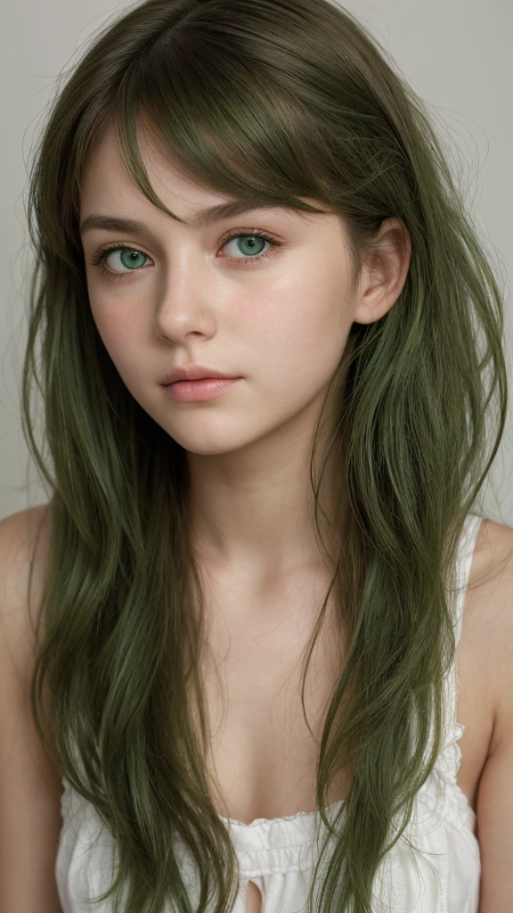 a girl. Europe. Extremely detailed face. Oval face. delicate facial features. charming. green eyes. sad eyes. half-closed eyes. long straight hairstyle. messy hair. green hair. Sad. shy. straight face