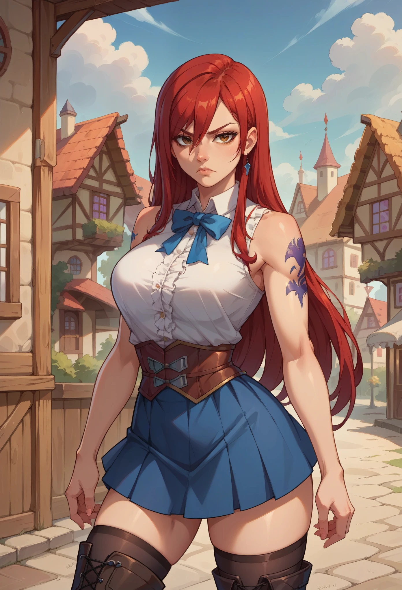 score_9, score_8_up, score_7_up, 1girl, solo, Erza, scarlet, long hair, red hair, hair between eyes, brown eyes, skirt, thighhighs, skirt, shirt, bow, boots, sleeveless, sleeveless shirt, tattoo, white shirt, frills, serious face, standing, cowboy shot, looking at you, medieval village
