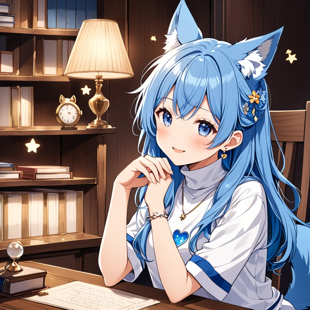A Japanese demi-human (pre-teen) with navy blue hair, long and a little wavy, falling gracefully from the shoulders.
Big and clear, always glowing with curiosity and enthusiasm.
clear and smooth, with a lightness that highlights its semi-human nature.
wolf's ears, covered in soft blue fur, positioned on top of the head, giving a lovely and distinctive appearance.
A blue wolf tail that wags happily, reflecting your emotions.
 A white micro t-shirt with a turtleneck, equipped and with a beautiful design that matches its age.
  A low-waisted pencil skirt, decorated with small stars or flower designs for a special touch .
 Slender and exposed, but in an appropriate and innocent way, destacando sua figura esbelta.
 Small heart-shaped earrings, adding a charm .

Making a heart with your hands in a cute way, sitting in a chair.
Always with a radiant smile or an expression of curiosity, ready to discover new stories.