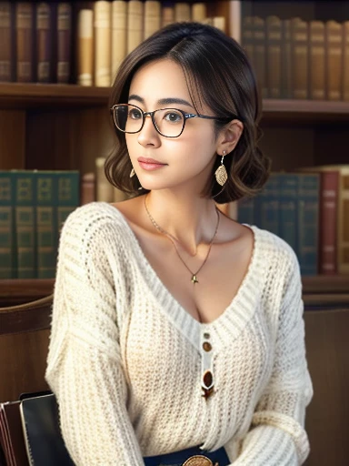   (8k, RAW photo, best quality, masterpiece), (photo realistic), outstanding details, ultra-high resolution, anatomically correct, textured skin, 

(cowboy shot:1.4),  from side angel, wide angel, 
A female librarian arranging books in the library, A cute 30-year-old Japanese woman, 

 (fearless smile:0.1), 
(Downturned Eyes:1.6), pupils sparkling, Cute and small duck mouth, small and cute nose, thin lips, thin eyebrows, 
 (lower chignon), short hair,　dark brown hair, Forehead, 
beautiful Earrings, Necklace, half rim glasses,
off-white summer sweater, 

(background Spacious library interior, bookshelves), 
atmospheric perspective, depth of field, 
(backlighting), 
reflection light from below, 
(dramatic lighting), cinematic lighting,  animated expression,