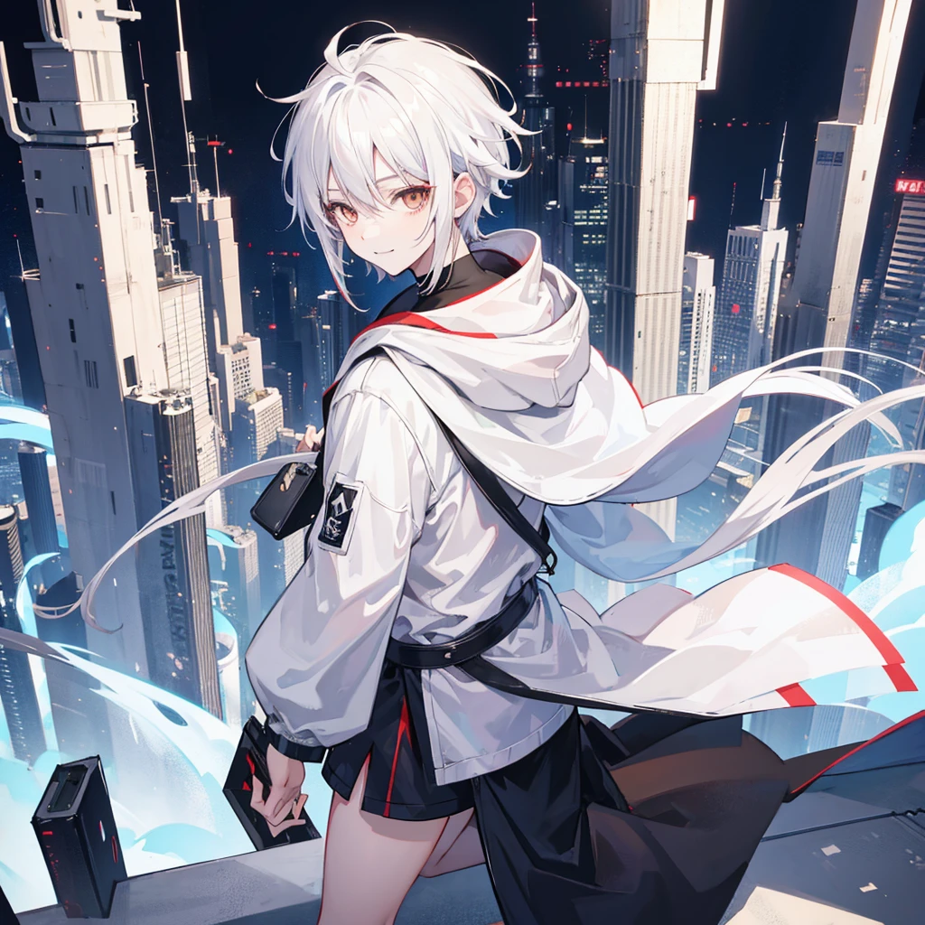 Anime boy, white hair, smiling, with brown eyes, wearing a white contrast sleeve hoodie that has black sleeves, head tilted to the viewpoint, looking at the viewpoint, in a urban area setting like a city