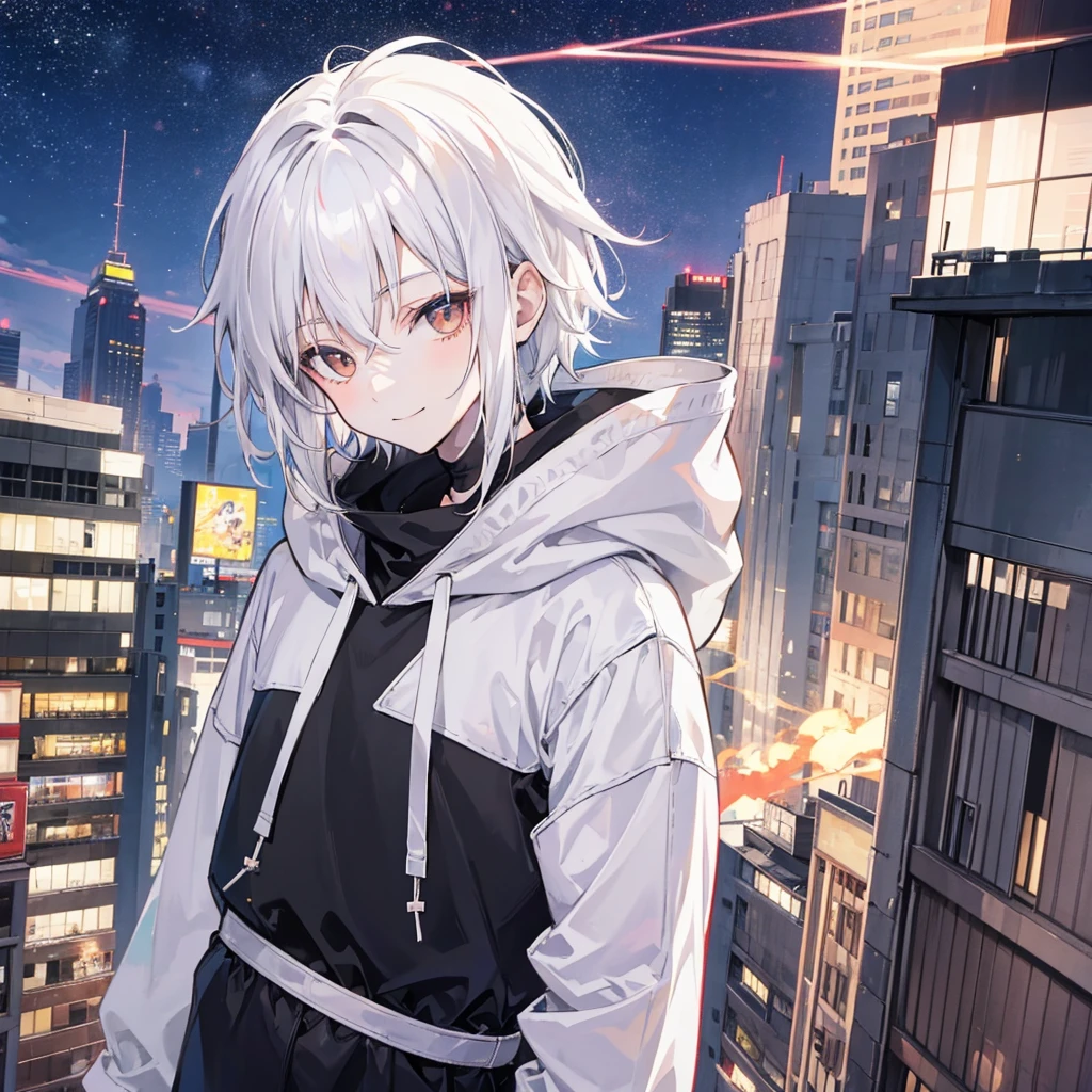 Anime boy, white hair, smiling, with brown eyes, wearing a white contrast sleeve hoodie that has black sleeves, head tilted to the viewpoint, looking at the viewpoint, in a urban area setting like a city