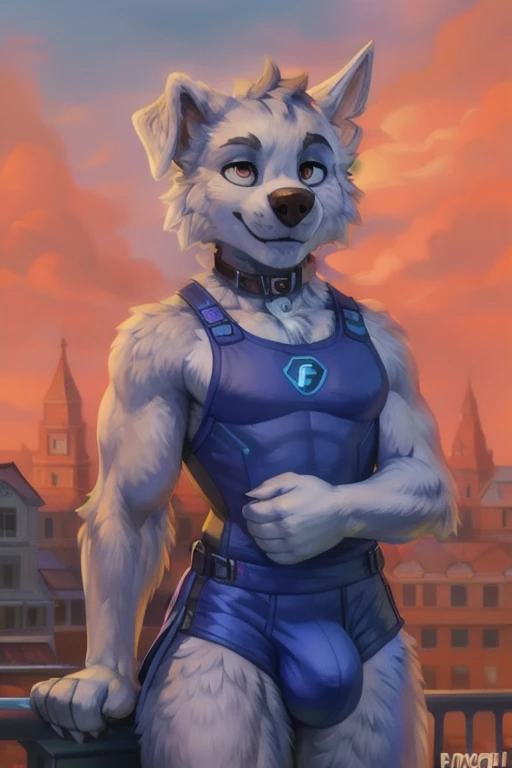 detailed fluffy fur texture, impasto impressionism, (by foxovh, ross tran, michael garmash, pino daeni, iskra), detailed eyes, highly detailed pupils, solo, furry, anthro, marshall-pp, domestic dog, male, blue eyes, white fur, white body, fur body, fully clothed, detailed fluffy fur texture, curvy, wide hips, inner fluff ears, from front, standing, blue Underwear Outside background, day, 1boy, smile, Huge bulge, His 50ft tall, His Gigantic size