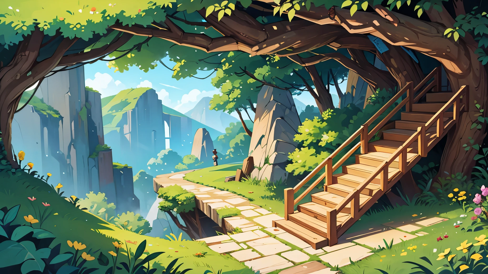 create a very long wooden stair case build a long a cliff leading down into a quarry