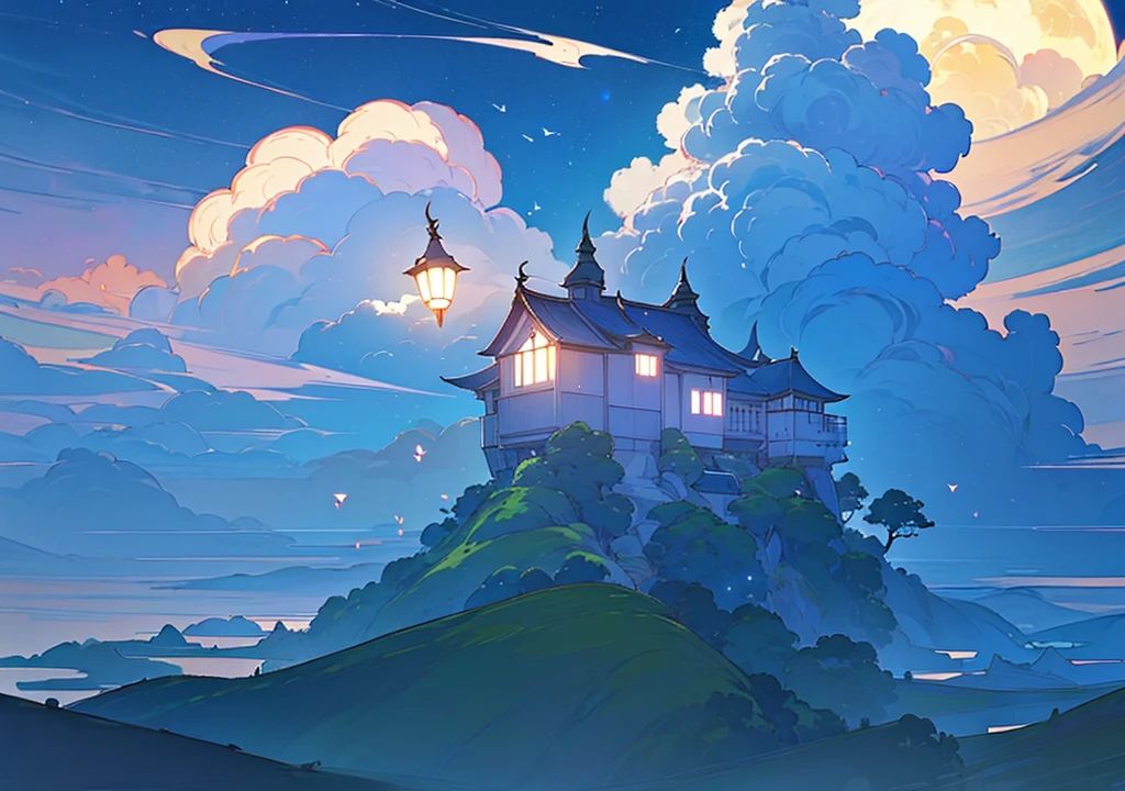 (Floating House, The house is floating,Fantasy, Night view、beautiful月、full moon、beautiful空, cumulonimbus), nature, beautiful, beautiful, beautiful空, (Landscape painting, Anime Style, Anime Style景, background), (high resolution, Sharp lines, High quality)