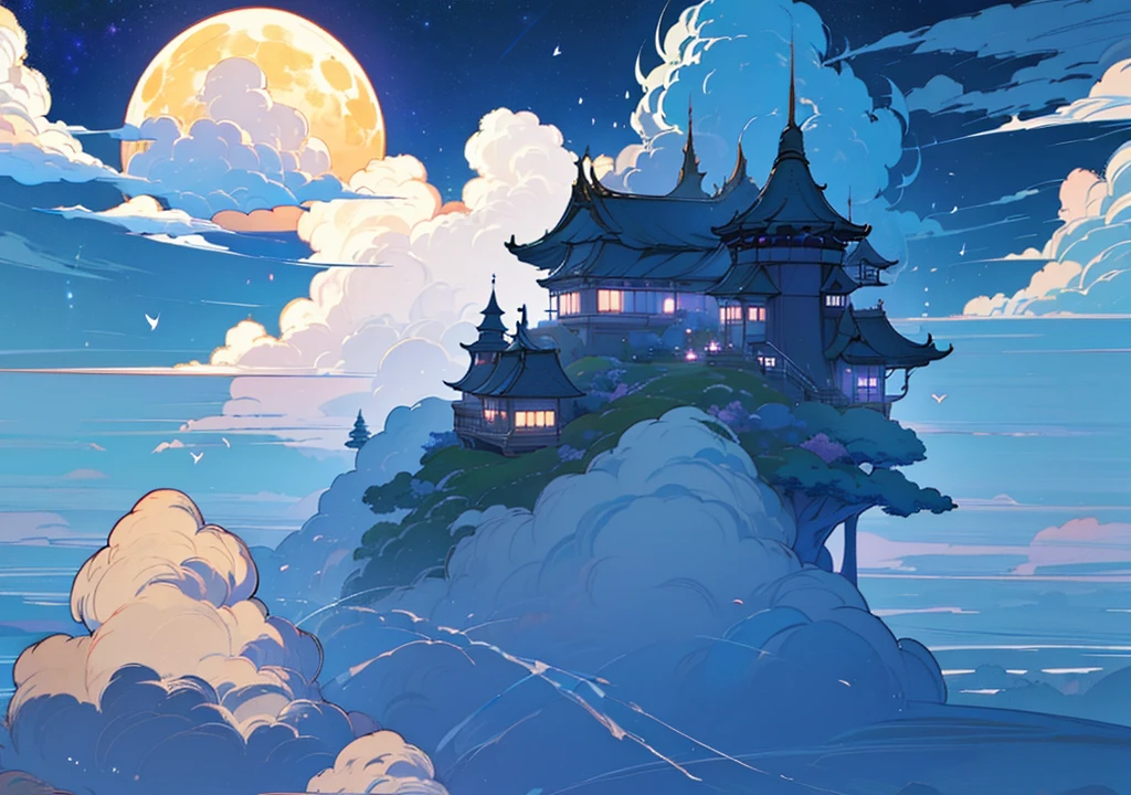 (Floating House, The house is floating,Fantasy, Night view、beautiful月、full moon、beautiful空, cumulonimbus), nature, beautiful, beautiful, beautiful空, (Landscape painting, Anime Style, Anime Style景, background), (high resolution, Sharp lines, High quality)