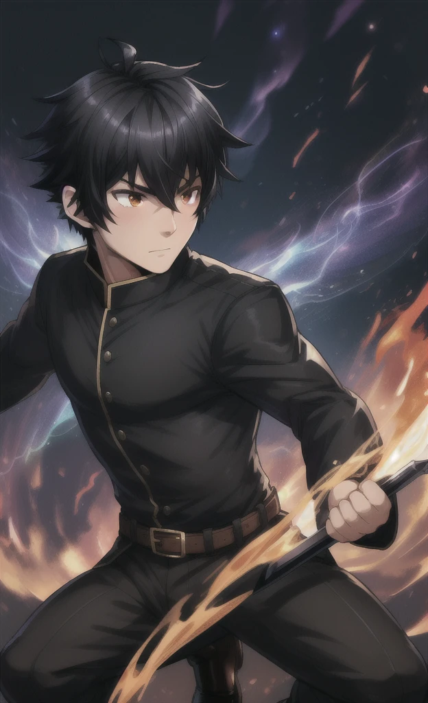 hires,8k,effect,high detail,effect background,fighting
1boy,black hair,(unlight:1.3),ink art,black uniform,fire blade
