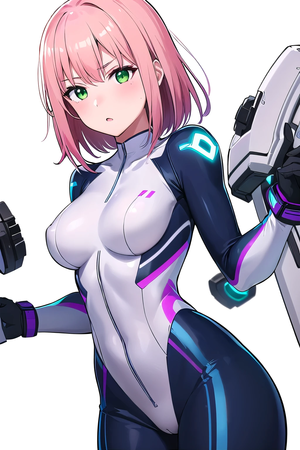 1girl,Samus aran,solo,green eyes, pink hair,white zero suit,white body suit,purple stripes,cowboy shot,blush,,Science fiction,ultra-detailed,sharp focus,aesthetic,(best quality), white background