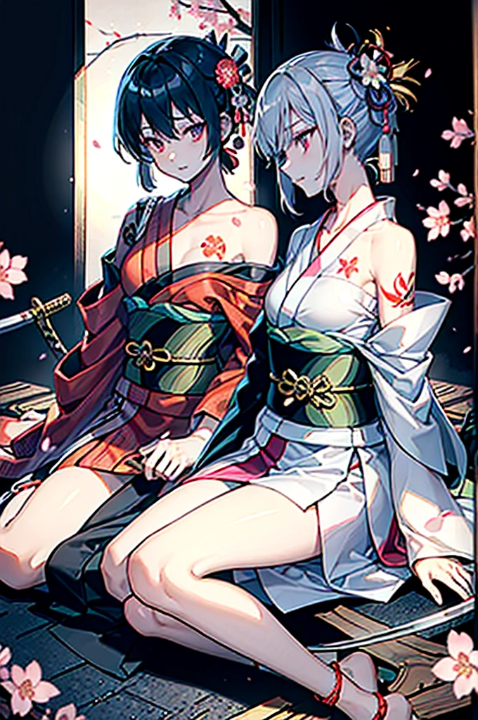((roll up bandage sideways on a chest tightly to cover the chest without gaps)), bandage samweways, the bantage is no chest shape, flat chest, ((Japanese Gangster BOSS)), adult woman with the dignified presence, Killing Qi, wear nothing around shoulder, wear nothing around neck, wear the kimono, wear it below the waist, (I wind it up to control it, and to attach it), ((kimono come off)) ,wear the kimono multiple times, Bare shoulders and the clavicle, black and gold kimono, put on over jacket of kimono, (holding a japanese sword which shine in purple, The handole of the sword is black, and the blade is gray, long sword), eye fire, low angle, whole body, bandage is seen, anime character, Glaring, off sholder, nappropriate smile, Excellent, black blue hair, can see both shoulder, ((long kimono hem)), small face, ((some cherry blossam big tattoo on the arm)),((Sit with your legs folded)), ((background Japanese gate with circlr mark)),Muscular,drink sake,fullmoon in the sky, The kimono is spreading