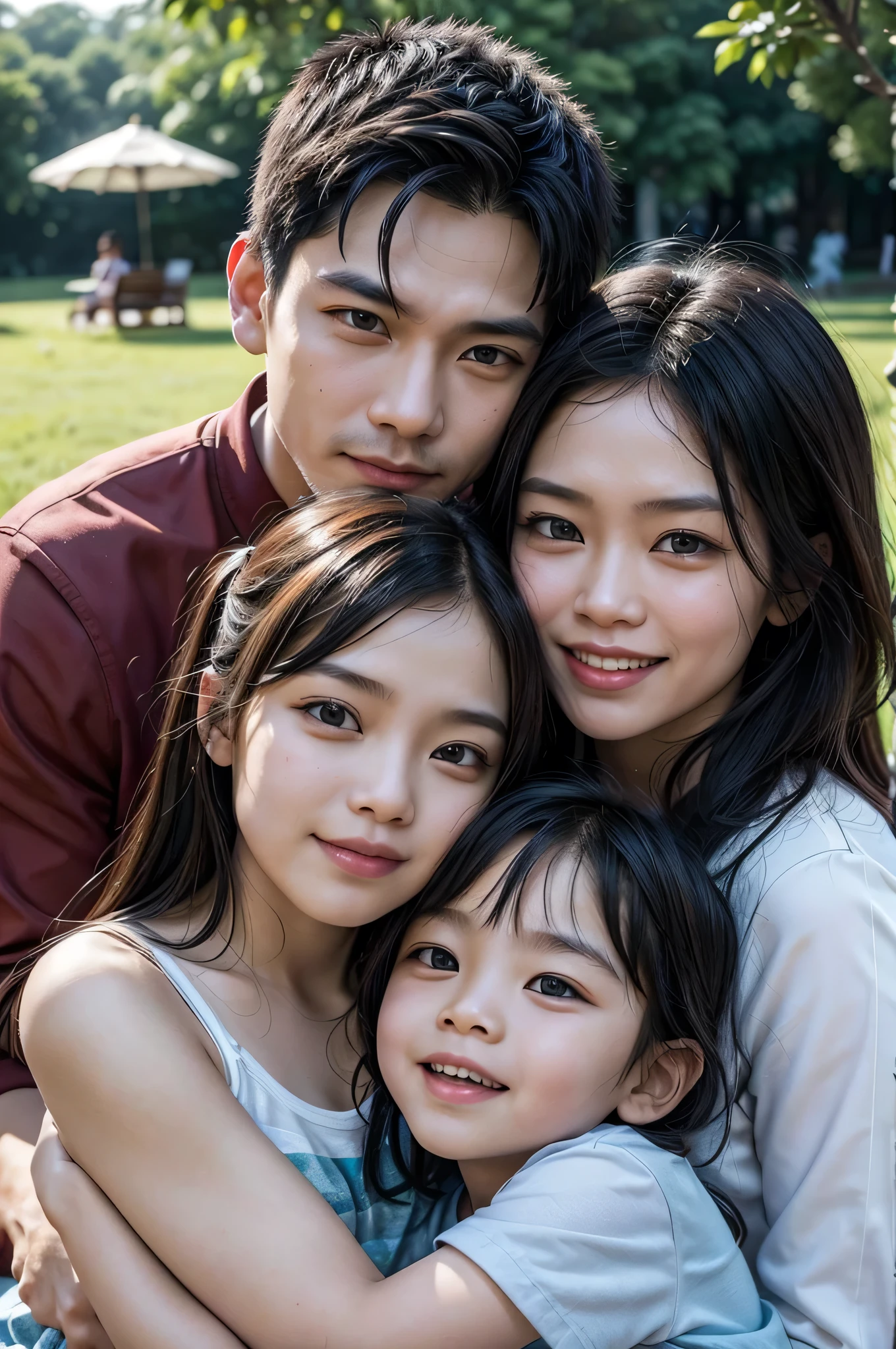 Description: Please generate a realistic image featuring a complete indonesian family consisting of a man and a woman who love each other and 1 boy. They should look very happy and joyful. The family should have a middle-class,malay appearance and should be in the background of the image. The background should show a park on a sunny day and should be well appreciated. Ensure there is good lighting.


