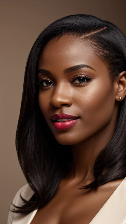 ,,,,,A beautiful beautiful black woman, beautiful silhouette, cute + gentle lips+Businessman Tresse) are in a company . very realistic Ivorian communications manager,,,,,,,,,,,, sorriso perfeito cute dentes brancos,,,,,,,,, ultra realisitic, concept drawing, chic, highy detailed, complicated, keen focus, Depth of field, F/1. 8, 85mm, medium shot, medium shot, (((professional color grading))), Spilled, soft, diffuse light, (volumetric Fog), Trends on Instagram, HD 4k, 8k ,, ,,,,,, ultra-realistic female lips, perfectly hydrated and smooth, wearing vibrant dark red lipstick. The texture of the lips is detailed, showing every curve and contour, with soft lighting that enhances the color and shine of the lipstick. The image is Full HD, capturing the essence of sensual, manicured lips, with a neutral background that further enhances the intensity of the color."