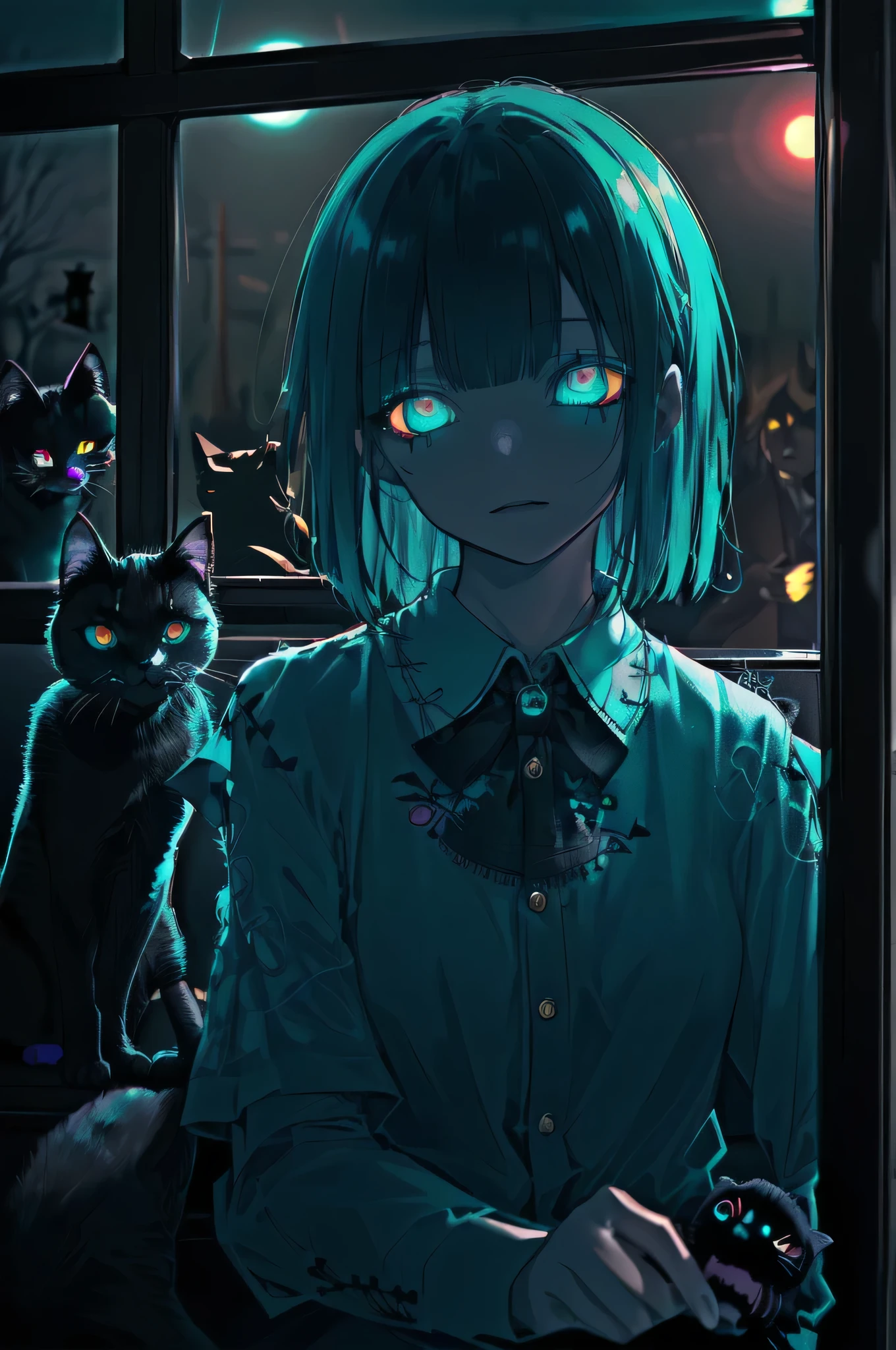 (depth of field:1.4),(blur:1.3),(night:1.4),(dark:1.4),(very detailed:1.4),(high resolution:1.1),
(Spooky, haunted school bus with spectral children and a driver who's not of this world.:1.2),
1girl,(glowing Teal eyes:1.3),(Tattered blouse with embroidery:1.3),
(Posing with a black cat, both exuding an air of mystery.:1.3),