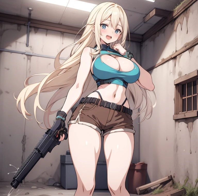 Anime Kawaii y Perfect Slim sensual body large bred huge thighs, An intricate and highly detailed illustration of anime (Young girl). ultra high resolution, work of art, 1 girl, standing alone, Irina JelavićR4, blonde body hair, blue colored eyes, :d, expressive eyes, face perfect, large breasted, breasted, small, perfect figure, highy detailed, showing cleavage, dressed likroft, full - length portrait, shorts marrons, coldre de arma de cinto, Petrol-blue spandex top, brown hiking boots, shorts marrons, dark shorts marrons, short shorts, teal-green top, exposed middle section, far away_body hair, へそ, avo_gura, holding aiming two pistols with both hands, pointing weapons at the spectator, ssmile, standing alone, (fund: Inside the house, concrete corridors, inside a bunker, pipes nearby)