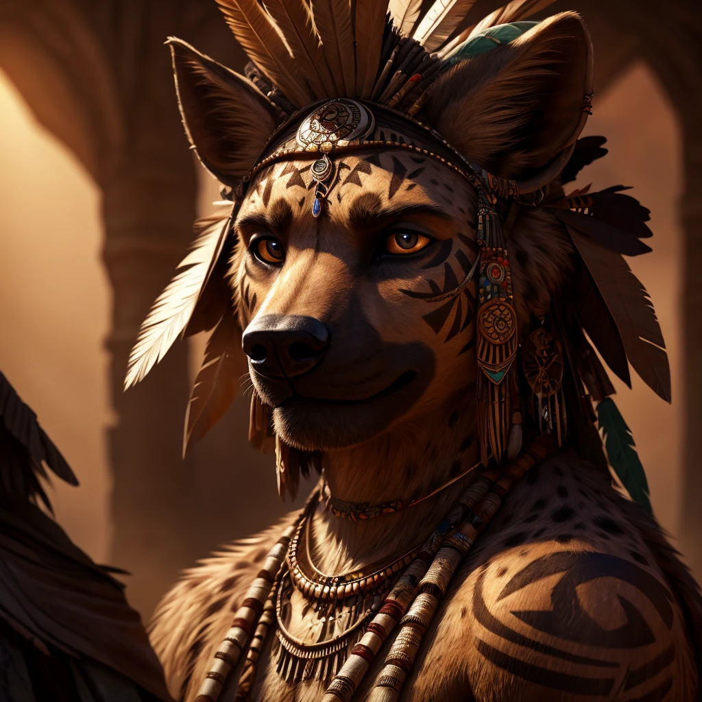 a male hyena, tribal people, 3 persons, detailed portrait, character design, digital art, concept art, fantasy, tribal tattoos, headpiece, jewelry, detailed clothing, dramatic lighting, cinematic composition, highly detailed, photorealistic, 8k, best quality, masterpiece