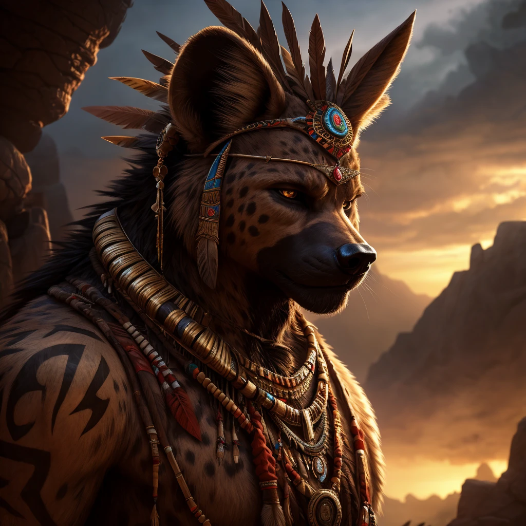 a male hyena, tribal people, 3 persons, detailed portrait, character design, digital art, concept art, fantasy, tribal tattoos, headpiece, jewelry, detailed clothing, dramatic lighting, cinematic composition, highly detailed, photorealistic, 8k, best quality, masterpiece