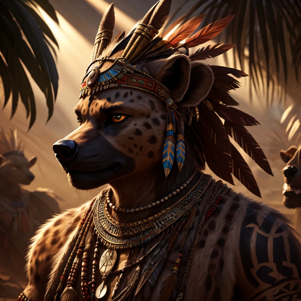 a male hyena, tribal people, 3 persons, detailed portrait, character design, digital art, concept art, fantasy, tribal tattoos, headpiece, jewelry, detailed clothing, dramatic lighting, cinematic composition, highly detailed, photorealistic, 8k, best quality, masterpiece