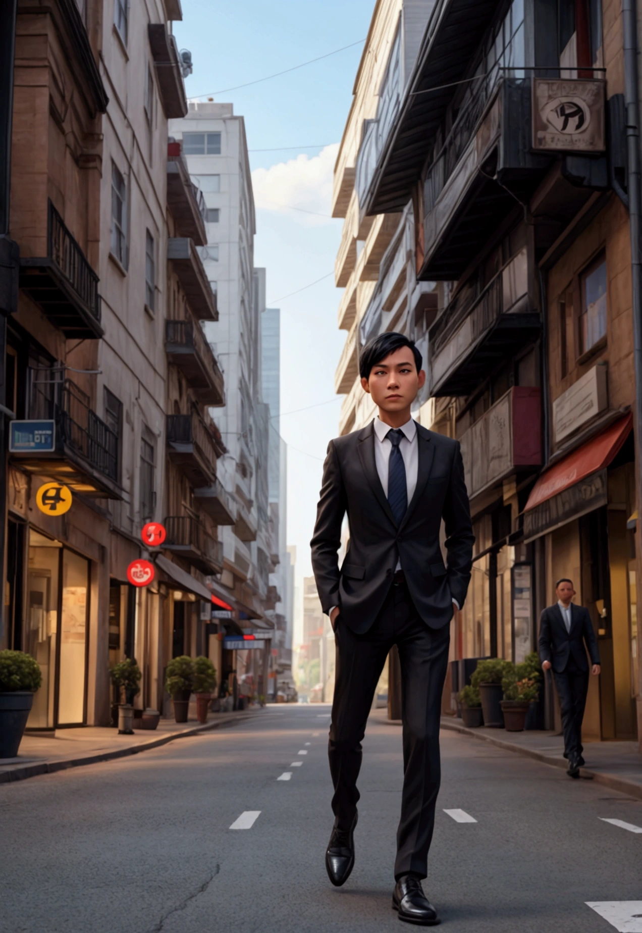 a businessman walking on the city road , black short hair , whole body , skinny