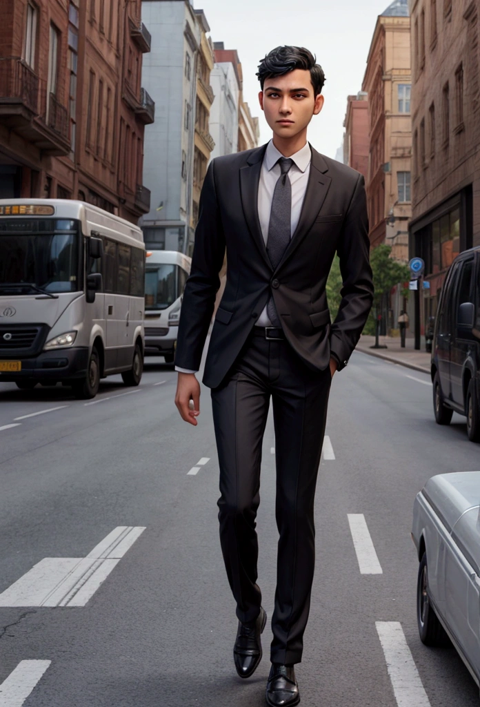 a businessman walking on the city road , black short hair , whole body , skinny