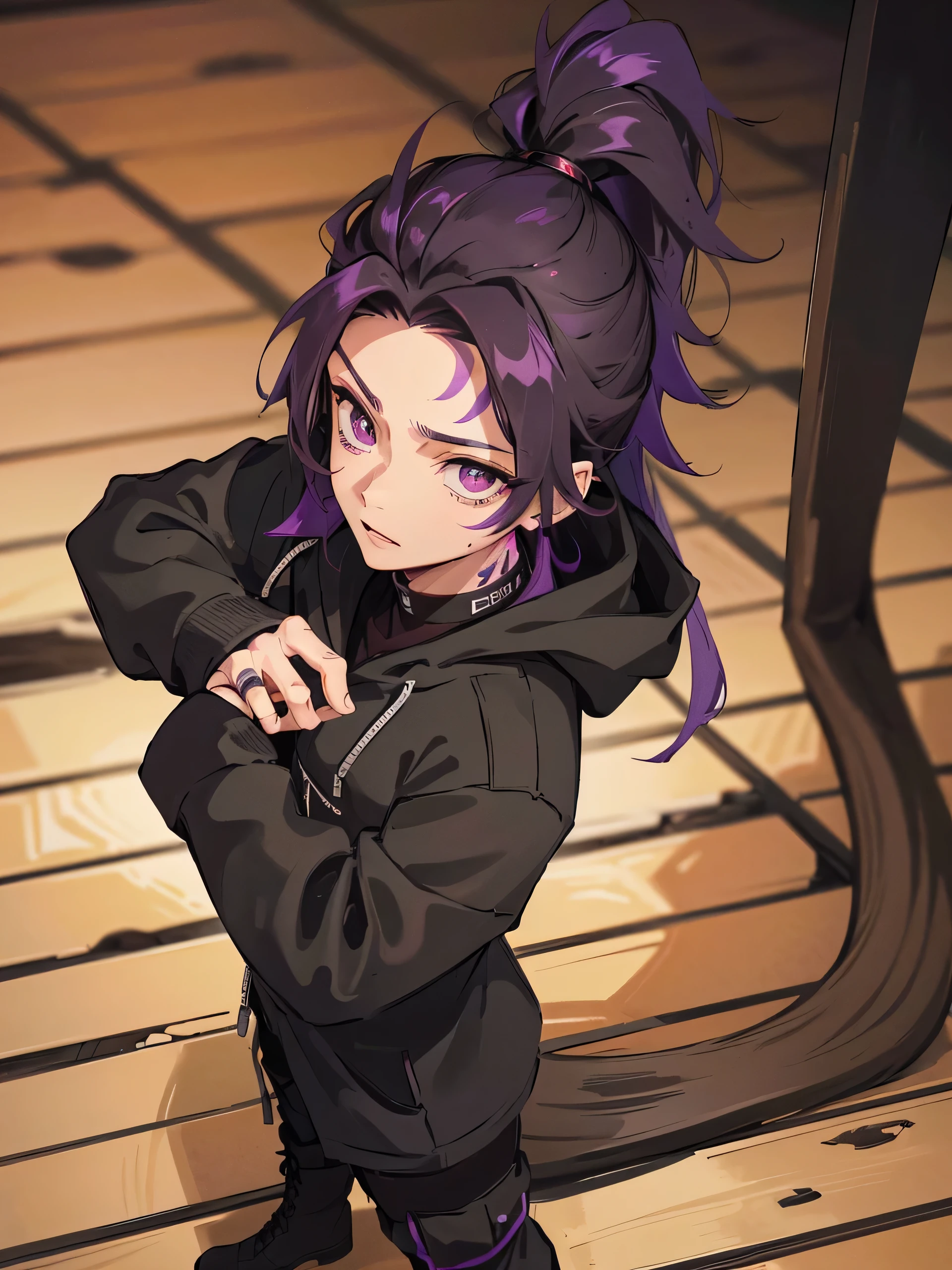 Male, man looking, handsome, tall, solo, black cargo Pants, black combat boots, black hoodie, Half black Half purple hair, ponytail hair, one purple eye, one Golden eye, looking at viewer, tattoos all over the body, forest background, 