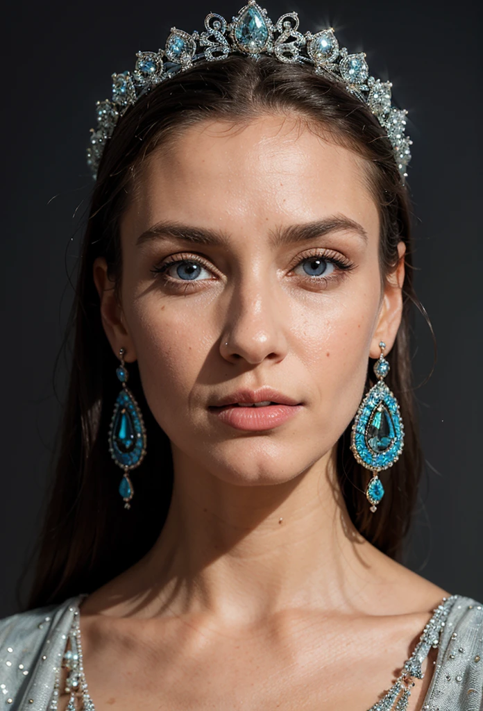 (masterpiece, Best Quality), intricate details, realist, photorealist, a close up of a indan woman wearing aretes, inspired by Emma Andijewska, wrapped in crystals, silver color, long aretes, sandra chevier, huge earrings, 2019, Blue-eyed, platinum jewelry, arete, impeccable structure, silver arete,