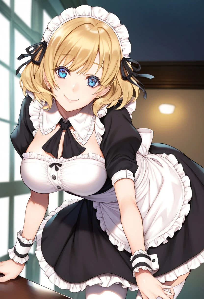  rebis style-pxl, score_9, score_8_up, score_7_up, source_anime, rating:general, masterpiece, best quality, KiliuP, 1girl, leaning forward, smile, bangs, breasts, maid headdress, maid, frills, black dress, detached collar, puffy short sleeves, wrist cuffs, apron, white thighhighs, wavy short hair, blonde hair, looking at viewer,