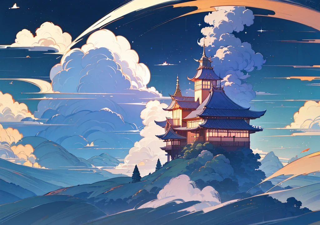 (Floating House, The house is floating,Western-style architecture, Stylishな家, Stylish, Fantasy, Night view、beautiful月、full moon、beautiful空, cumulonimbus), nature, beautiful, beautiful, beautiful空, (Landscape painting, Anime Style, Anime Style景, background), (high resolution, Sharp lines, High quality)