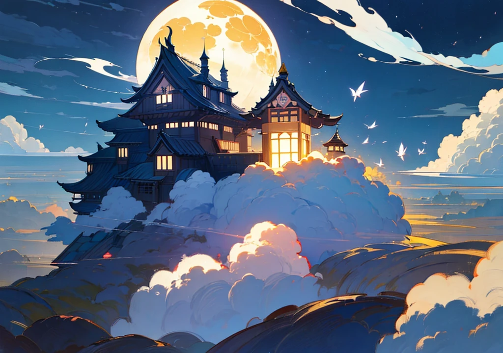 (Floating House, The house is floating,Western-style architecture, Stylishな家, Stylish, Fantasy, Night view、beautiful月、full moon、beautiful空, cumulonimbus), nature, beautiful, beautiful, beautiful空, (Landscape painting, Anime Style, Anime Style景, background), (high resolution, Sharp lines, High quality)
