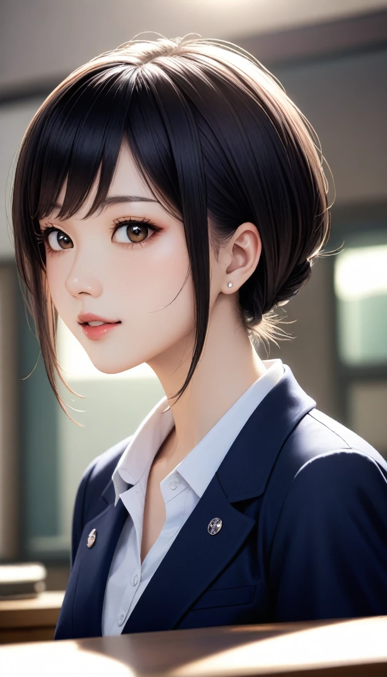 8k, Ultra-high resolution, Highest quality, masterpiece, 三分割法によるphotograph,Surreal, photograph, 1 girl, (:1.3), pretty girl, Cute Face, Beautiful eyes in every detail, 細かくdetailedに,masterpiece,One Girl:1.2, Japan Female Announcer,Tabletop,Glare,Black Hair,Slicked back hair,Blazer Uniform,White collared blouse,The chest buttons are open,Sharp focus、Perfect dynamic composition、Beautiful and detailed、Thin Hair、Realistic skin texture with attention to detail、smile、Close-up portrait、Model body type,Looking at the audience、beauty,Long neck、(((Ideal body type))),A-cup small breasts :2,、Portraiture:2、Perfect Anatomy、なdetailed、detailed、Surreal、Light and shadow,Strong light
